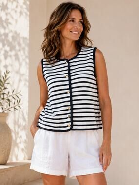 Bailey 44 Black & White Striped Knit‎ Button Front Sleeveless Top Large Preppy